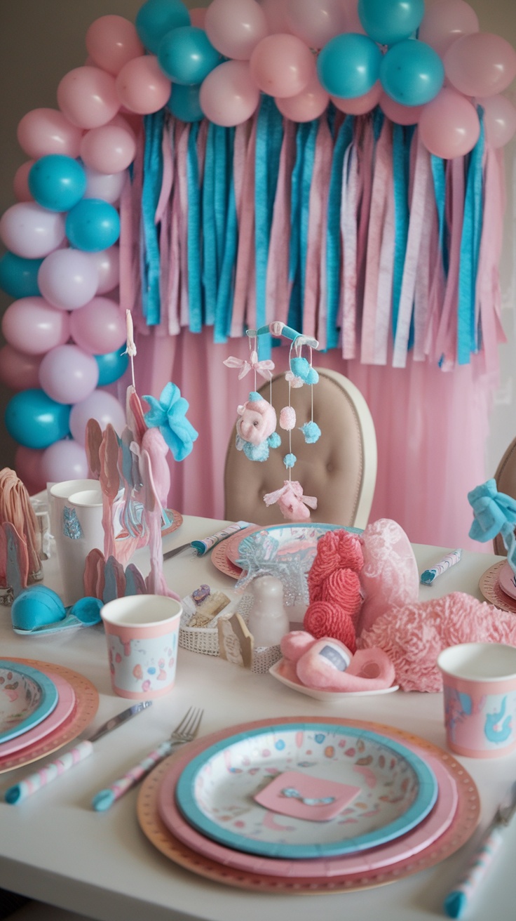 A beautifully arranged baby shower table with pastel plates, cups, and a colorful balloon backdrop.