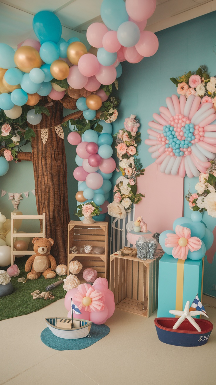 Colorful baby shower decorations with balloons, flowers, and themed items.