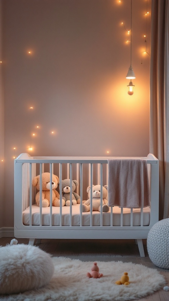 A cozy nursery featuring a white crib with soft toys, a blanket, and gentle lighting.