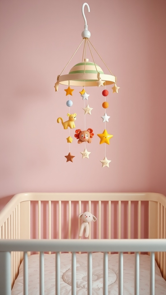 A colorful crib mobile with stars and animal figures hanging over a crib.