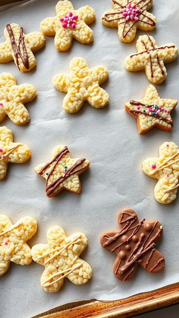 A tray of crispy rice treats in flower and star shapes, decorated with colorful sprinkles and chocolate drizzle.