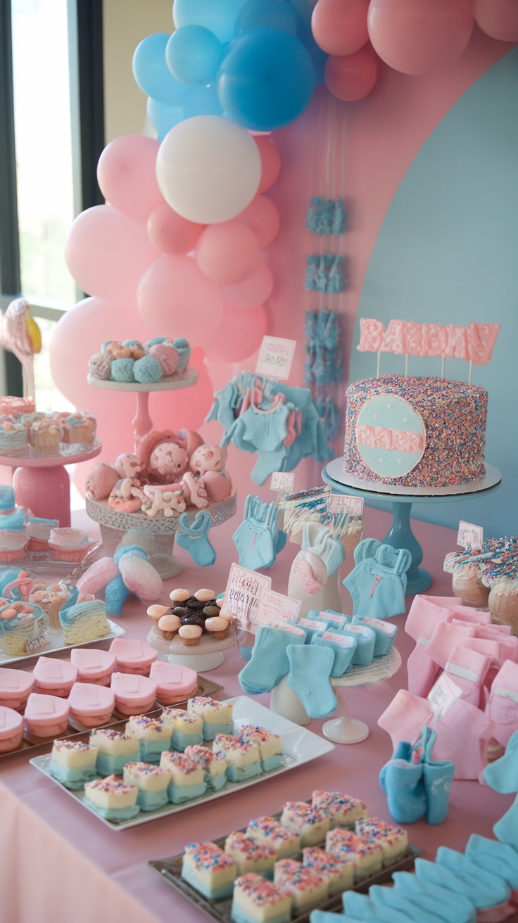 A charming baby shower dessert table featuring pastel colors, sweet treats, and baby-themed decorations.