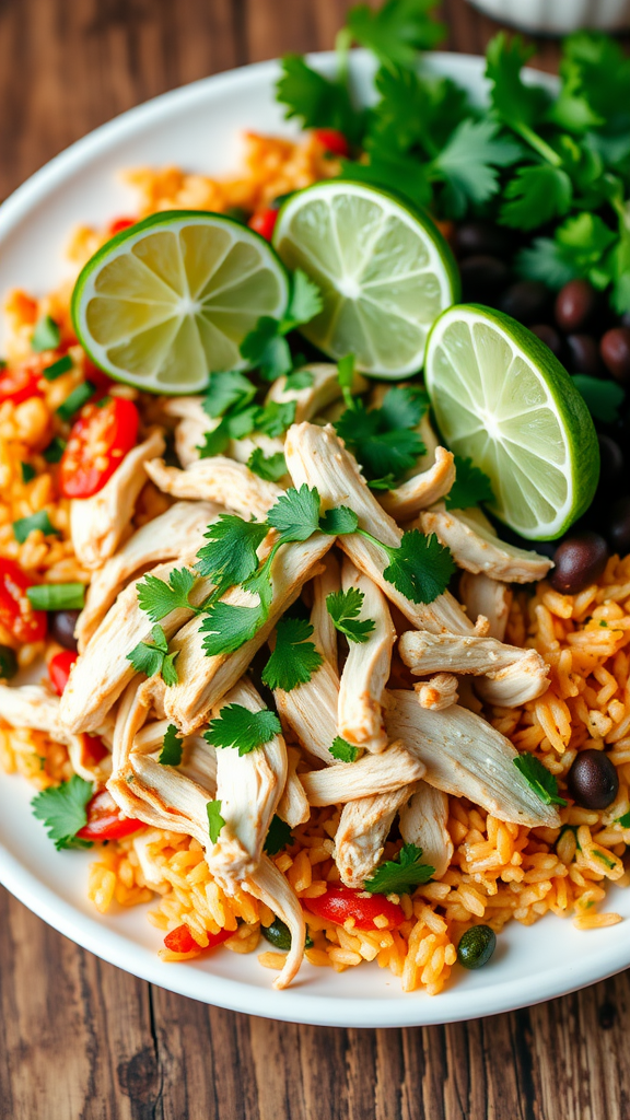 Shredded cilantro lime chicken with cilantro and lime wedges on a plate beside rice and black beans.