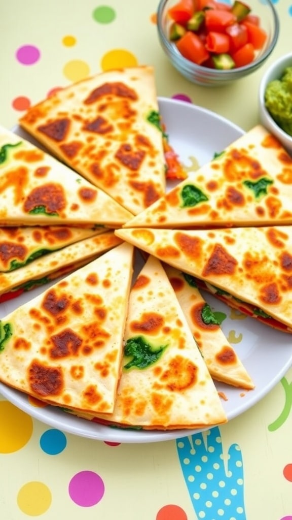 Colorful veggie quesadillas with bell peppers and cheese, served with salsa on a decorative plate.