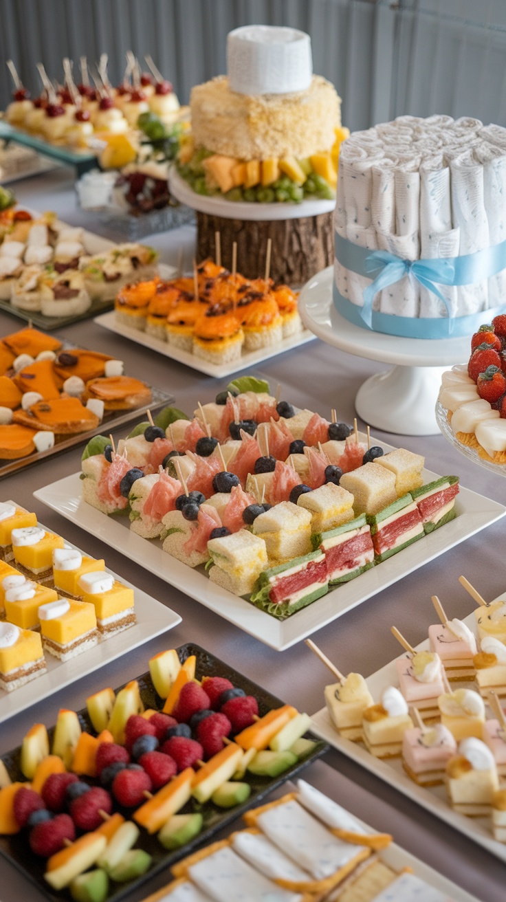 A beautifully arranged spread of various finger foods, desserts, and a cake for a baby shower.