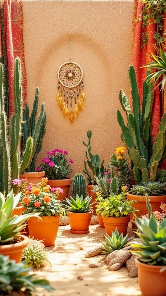 A vibrant desert-themed setup with cacti, succulents, and boho decorations.