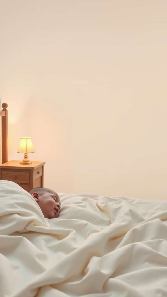 A newborn baby peacefully sleeping in a cozy bed with soft white blankets.