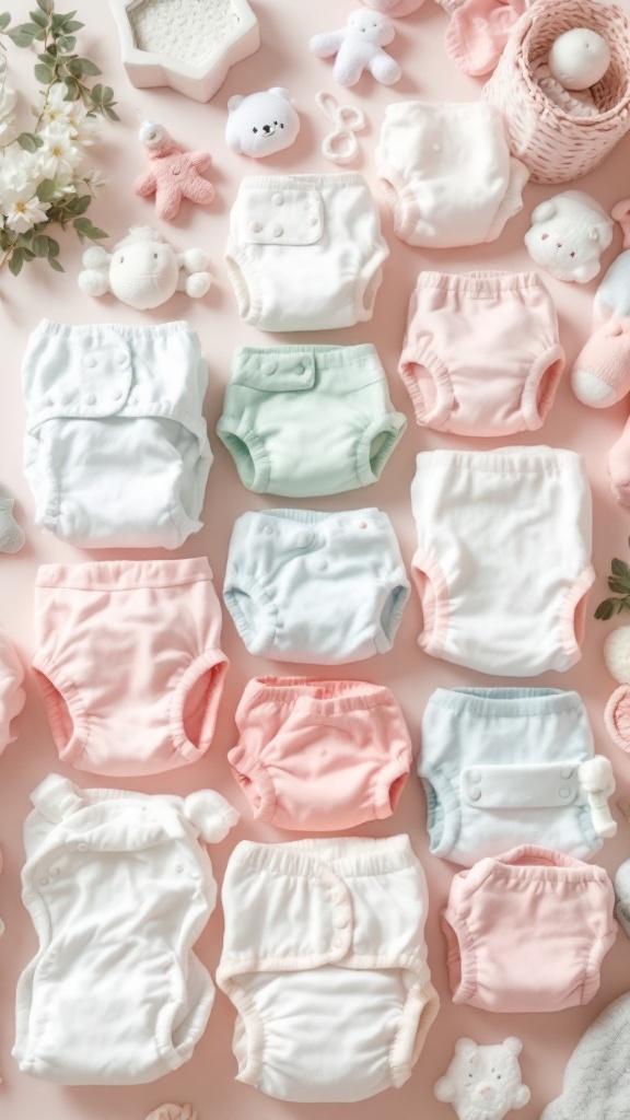 A variety of baby diapers in pastel colors, arranged neatly with cute toys and flowers in a soft pink background.