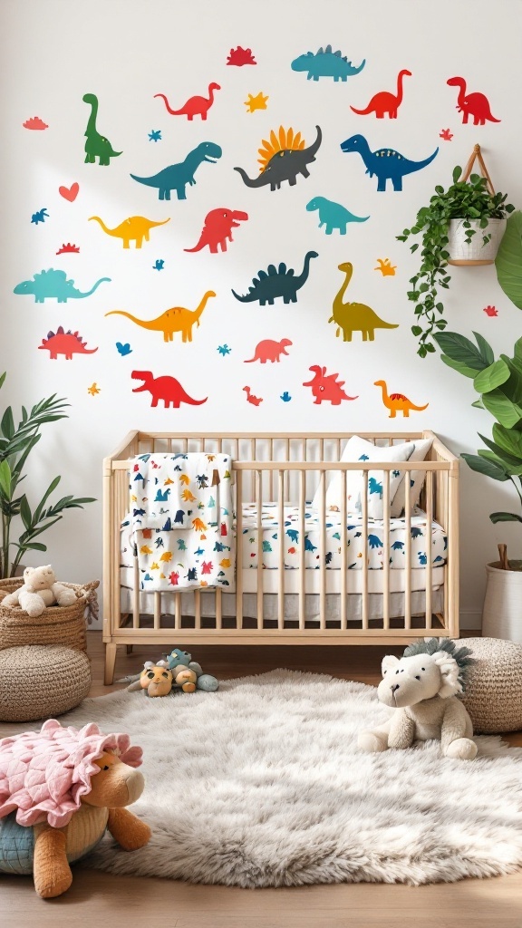 A vibrant dinosaur-themed nursery with colorful dinosaur decals on the wall, a cozy crib, and playful toys.