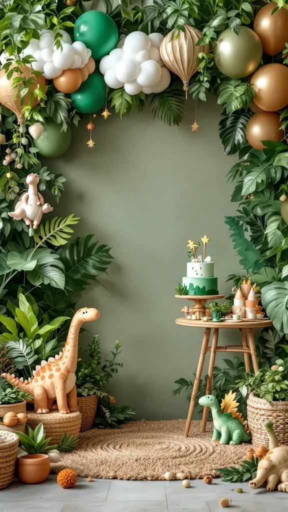 Dinosaur-themed baby shower decor featuring green and brown elements, balloons, and cute dino figures.