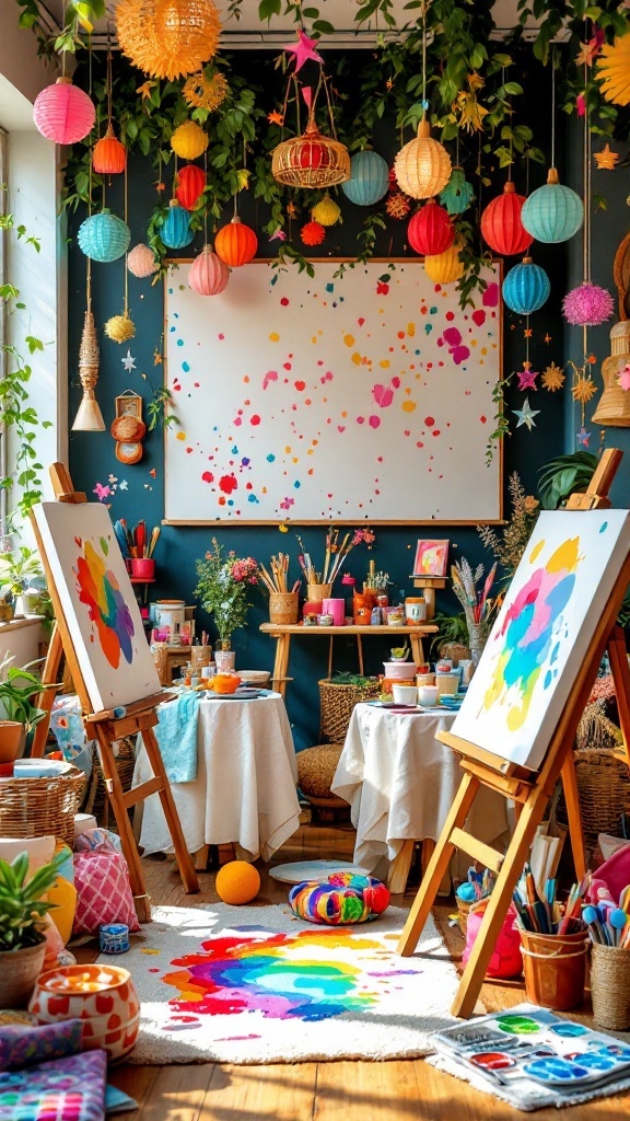 Colorful DIY art party setup with painting stations and decorations.