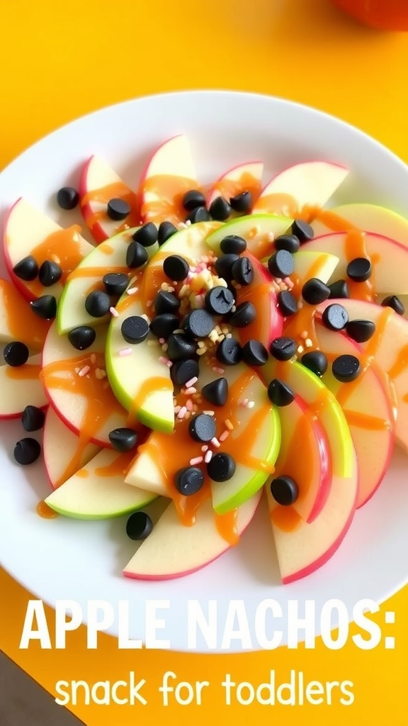 A vibrant plate of apple nachos with caramel, chocolate chips, and sprinkles, perfect for toddlers.