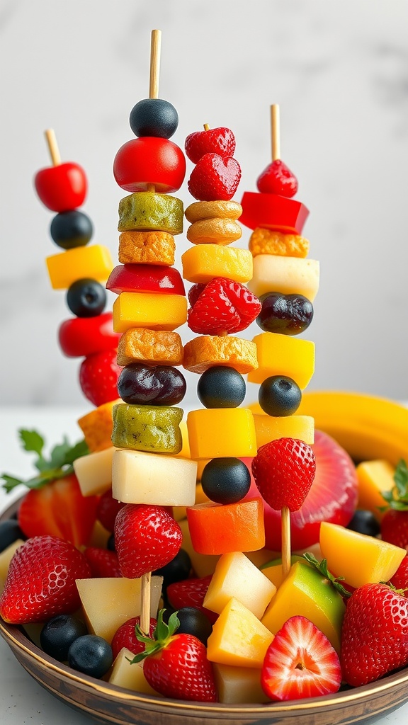 Colorful fruit kebabs made with strawberries, grapes, and melon on skewers.