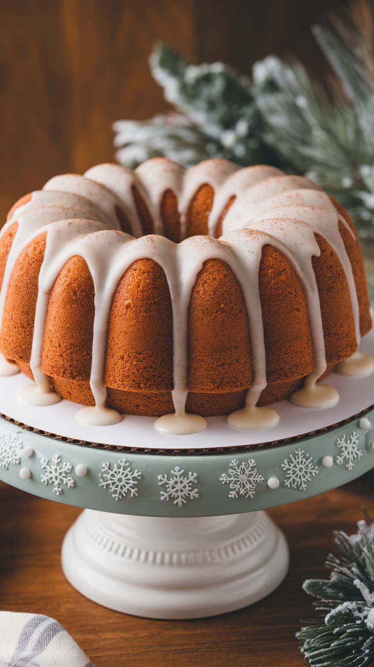 A beautifully decorated Eggnog Bundt Cake with a nutmeg glaze, presented on a festive cake stand.