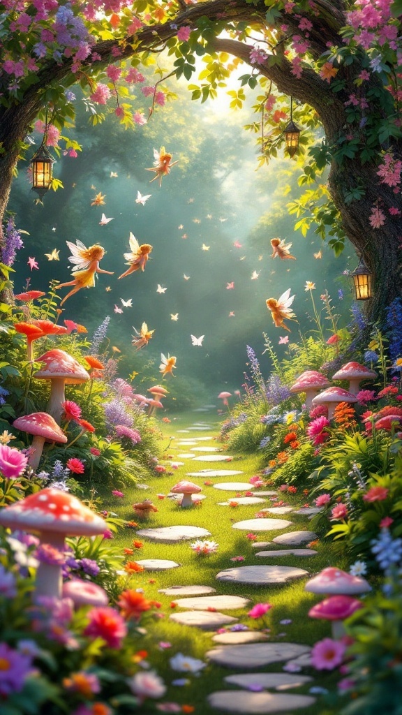 A picturesque enchanted garden with flowers, fairies, and whimsical elements.