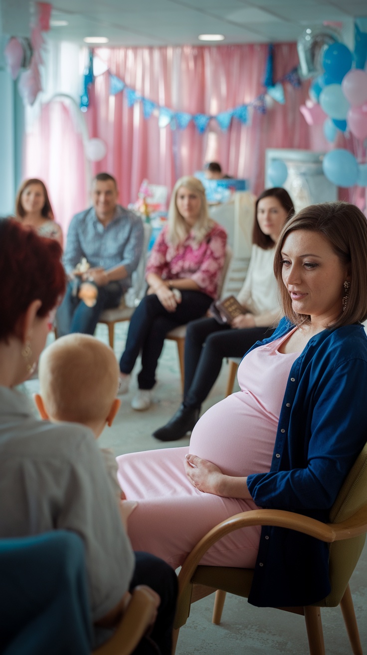 Guests enjoying a storytelling session at a baby shower.