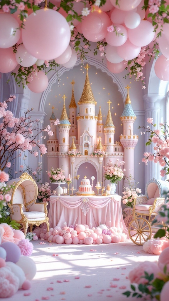 A whimsical baby shower setup featuring a pink castle backdrop, elegant seating, and pastel balloons.