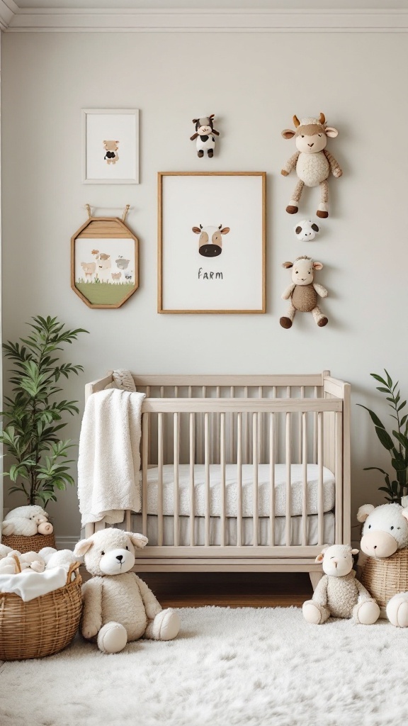 Nursery with farmyard theme featuring plush animals and farm prints.