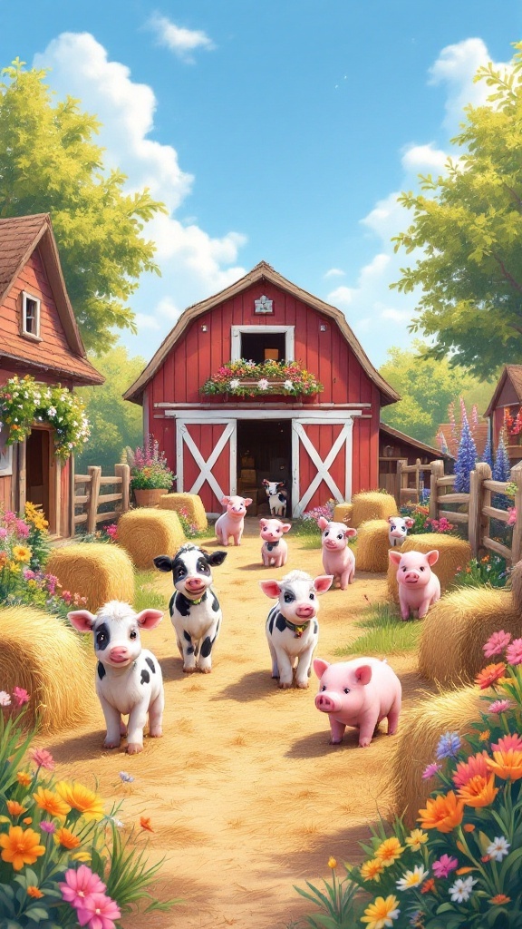 Illustration of farm animals including cows and pigs in a barn setting with hay bales and flowers.