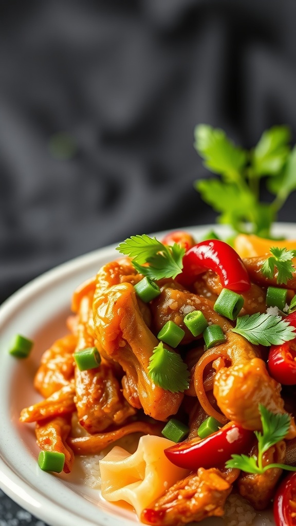 A close-up of Firecracker Chicken on a plate, garnished with green onions and cilantro.