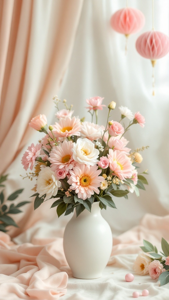 A beautiful floral arrangement with pink, yellow, and white flowers in a white vase.