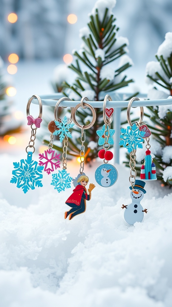 Colorful Frozen-themed keychains hanging on a snowy background.