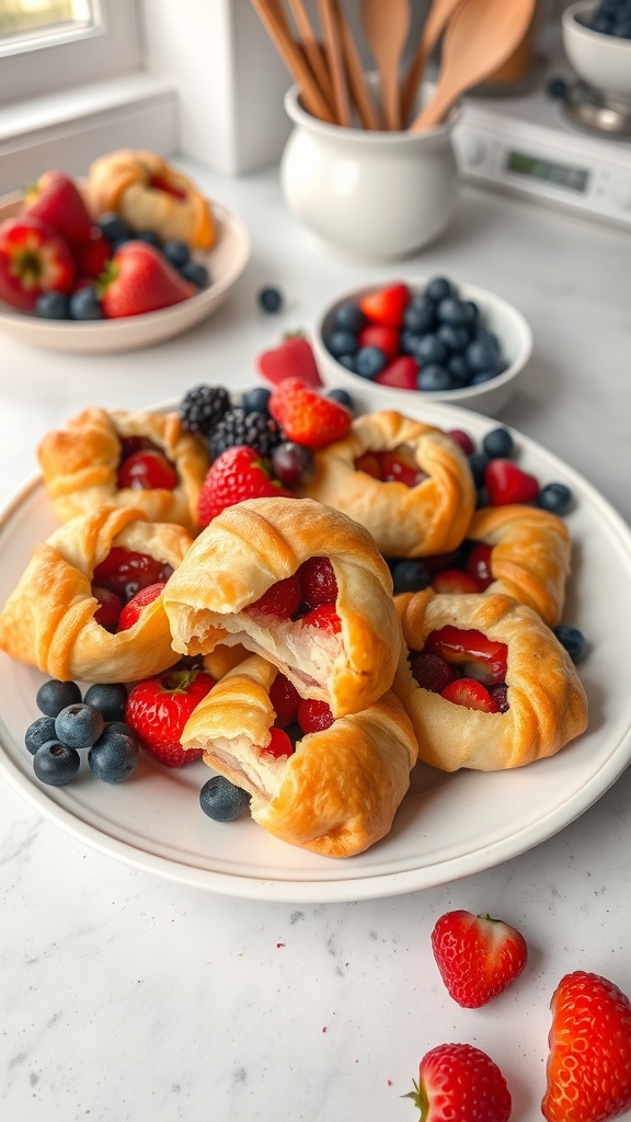 A plate of fruit-filled puff pastry treats surrounded by fresh strawberries, blueberries, and blackberries.