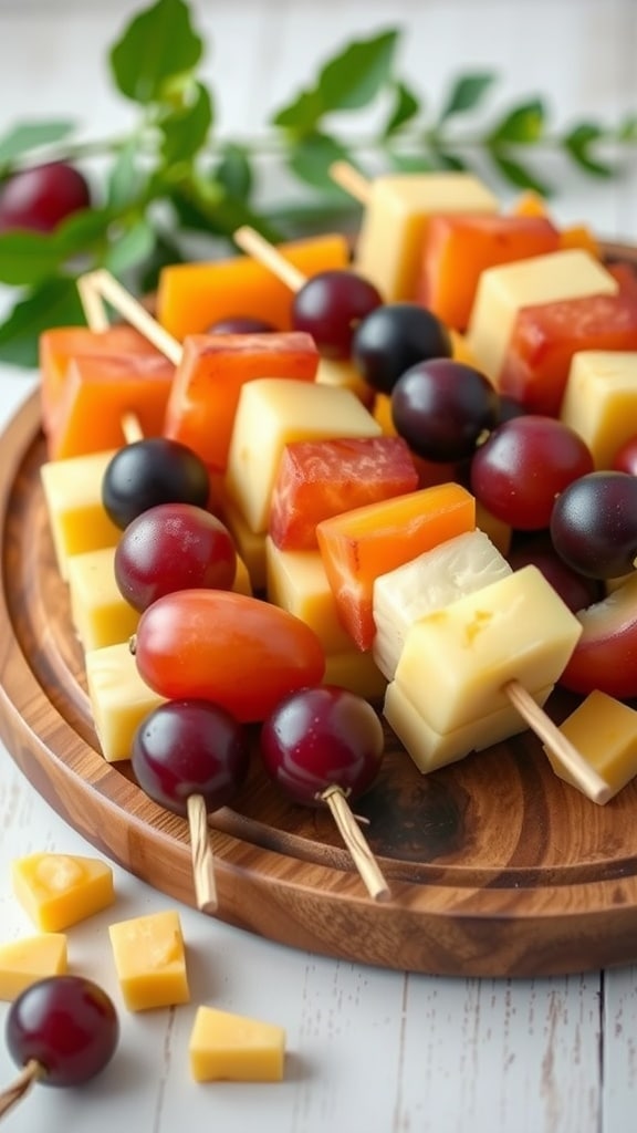 A colorful platter of fruit and cheese kabobs with grapes, cheese cubes, and cherry tomatoes.