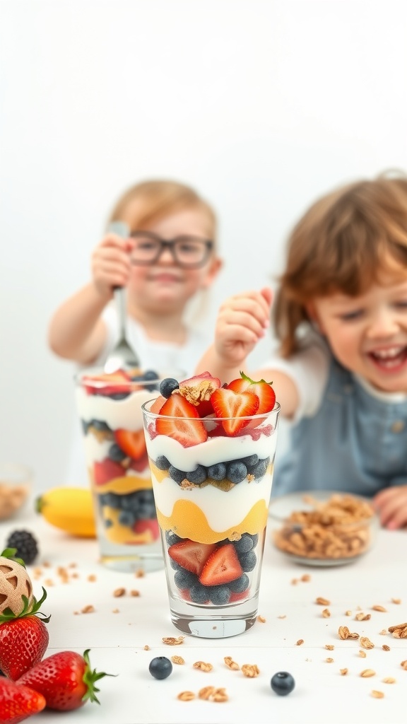 Children making fruit and yogurt parfaits with strawberries, blueberries, and granola