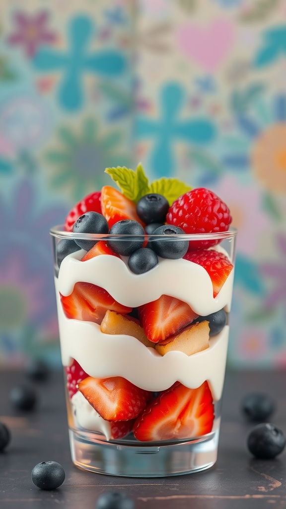 A colorful fruit and yogurt parfait in a glass, layered with strawberries, blueberries, and yogurt.