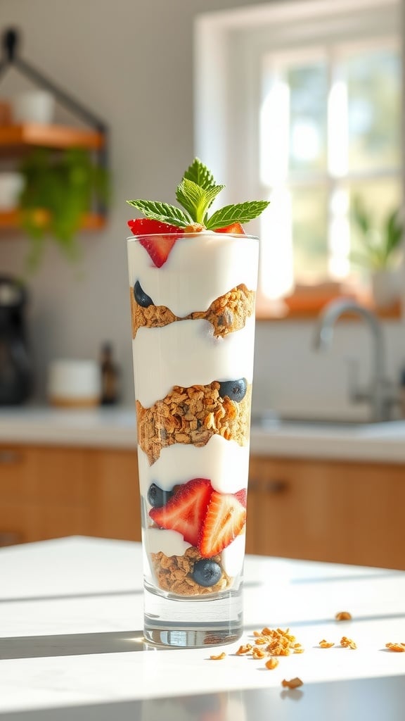 A colorful fruit and yogurt parfait in a tall glass with layers of yogurt, granola, and fresh fruits