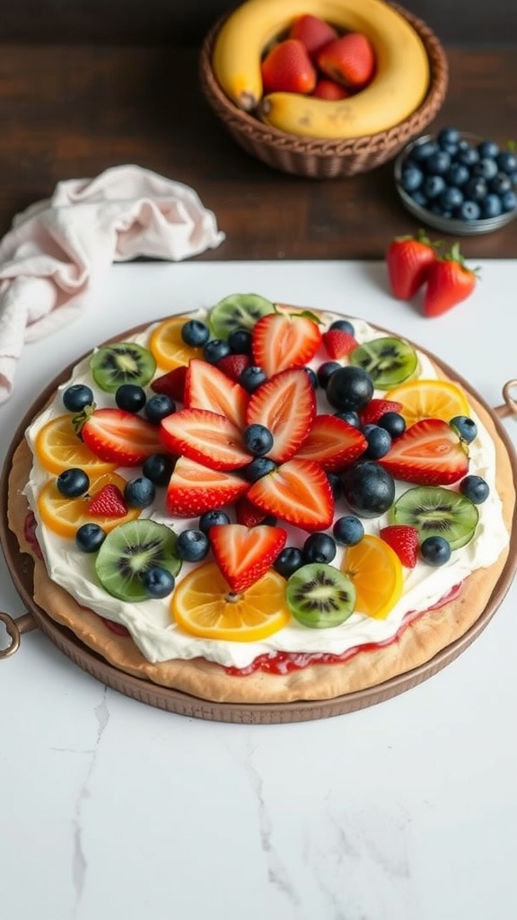 A vibrant fruit pizza topped with strawberries, blueberries, kiwi, and orange slices on a wooden platter.