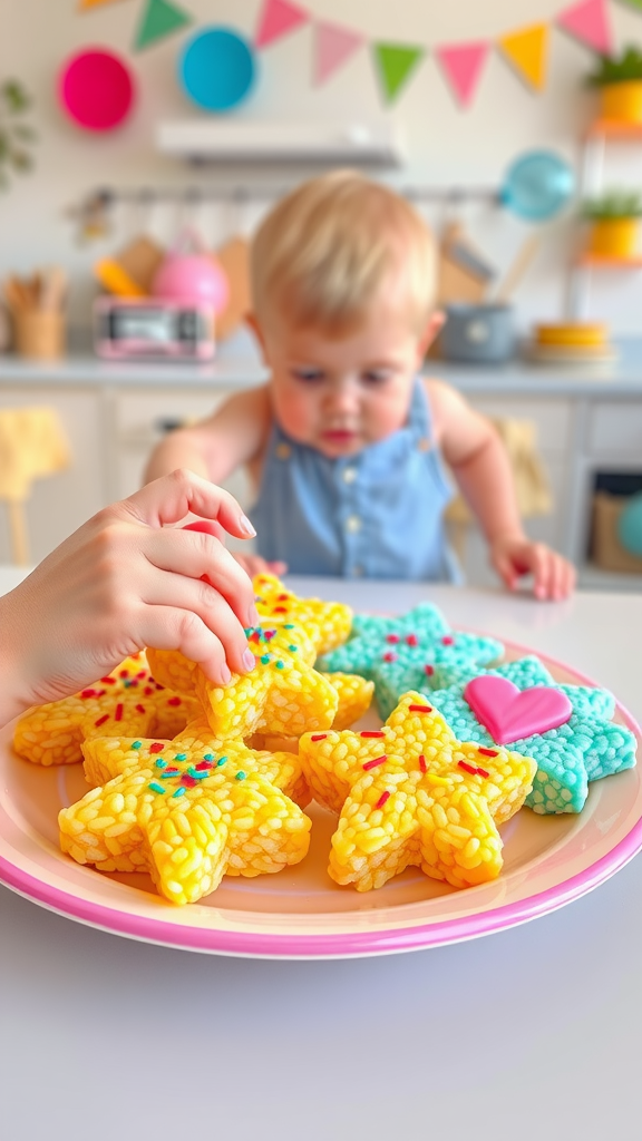 Colorful crispy rice treats shaped like stars and hearts on a plate, with sprinkles, in a sunny kitchen.