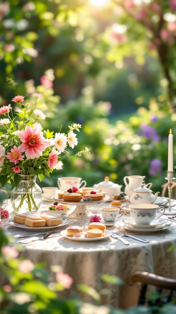 A beautifully set table for a garden tea party with fresh flowers, tea cups, and pastries.