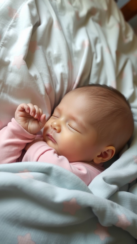 A peaceful newborn baby sleeping on a bed with soft blankets.