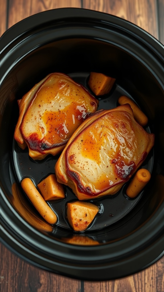 Two ginger garlic pork chops in a slow cooker surrounded by carrots and potatoes.