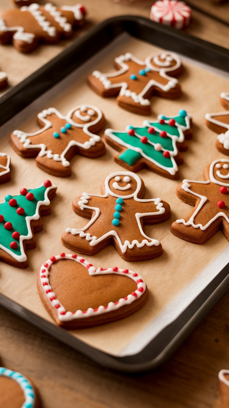 A tray of decorated gingerbread cookies featuring Christmas trees, hearts, and gingerbread people.