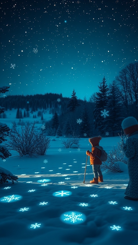 A child with a glowing snowflake pattern on the snow during a winter night.