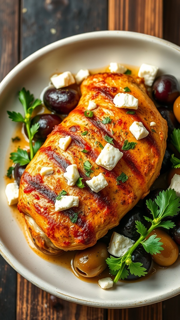 A plate of Greek chicken topped with feta and olives, served with herbs.