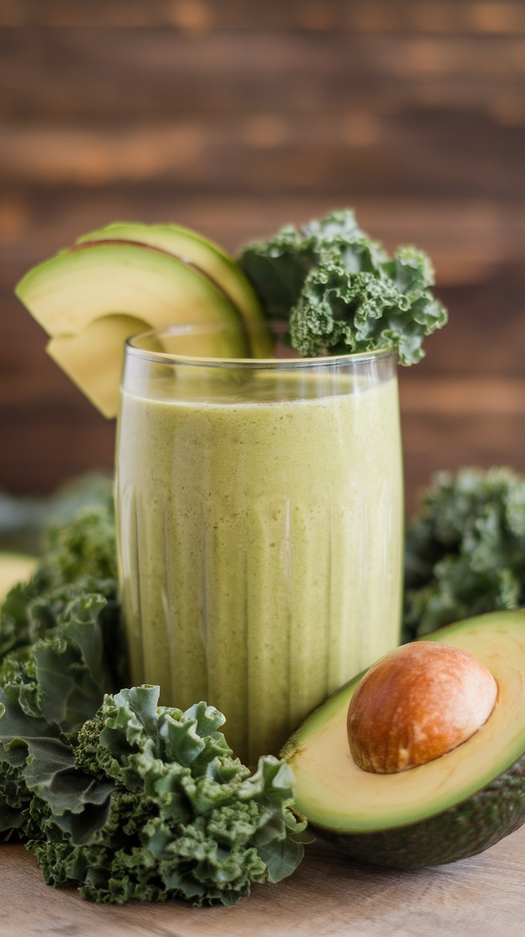 A green smoothie made with avocado and kale, garnished with avocado slices and surrounded by kale leaves.