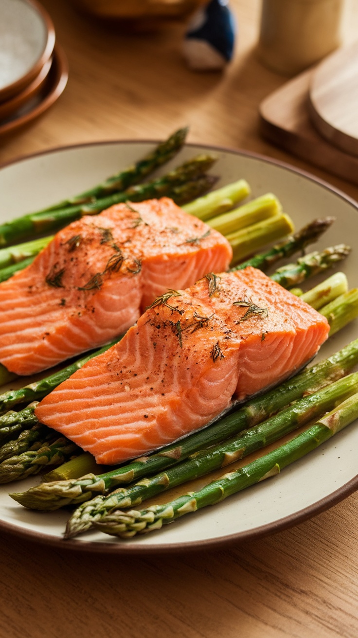 A plate with two pieces of baked salmon and asparagus, showcasing a healthy meal.