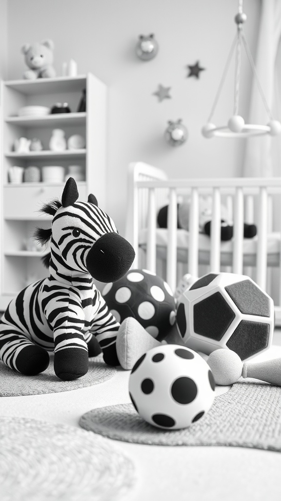 A cozy nursery with high-contrast toys including a zebra plush and patterned balls.