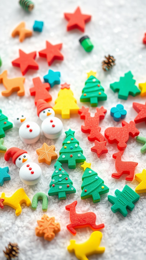 A collection of colorful holiday-themed erasers, including snowmen, Christmas trees, and stars.