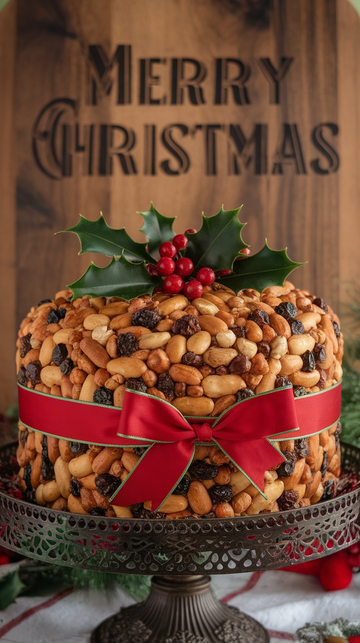 A beautifully decorated fruitcake topped with holly and a red ribbon, set on a decorative stand.