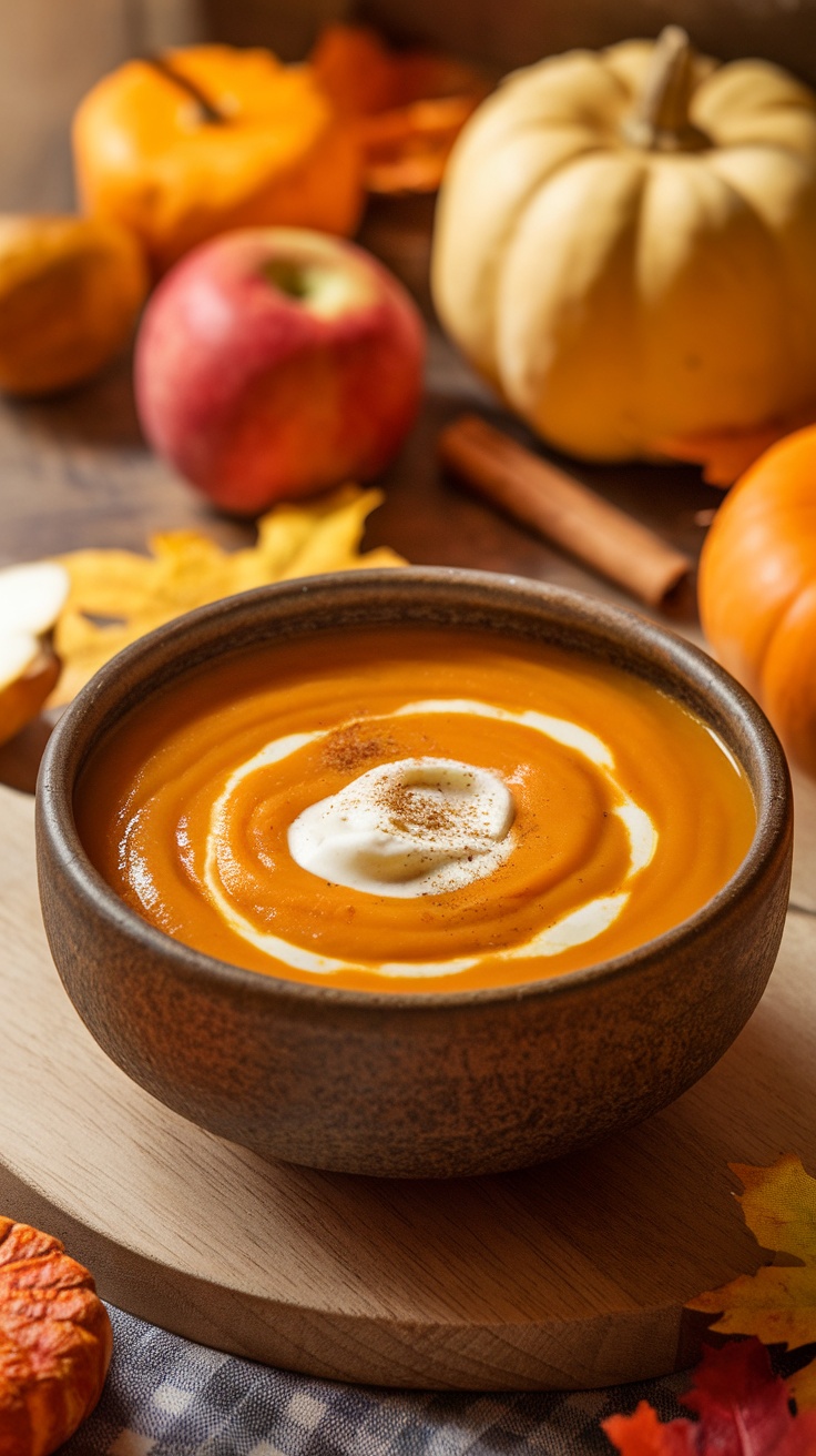 A bowl of creamy butternut squash soup topped with a swirl of cream and spices, surrounded by autumn decorations.