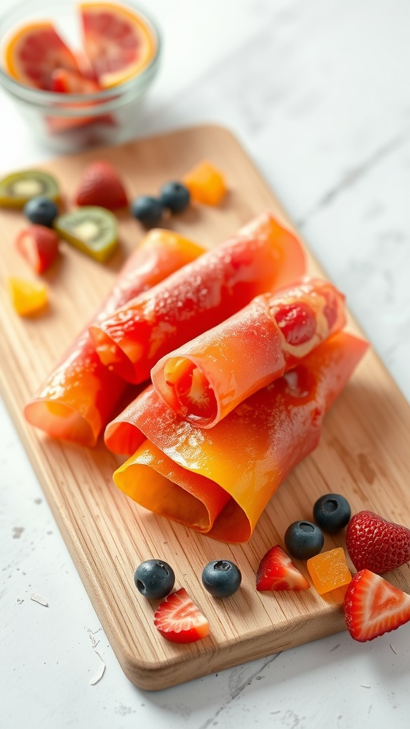 Colorful homemade fruit roll-ups on a wooden board, surrounded by fresh fruits.