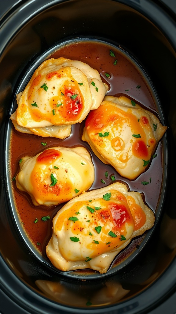 Crock pot with honey garlic chicken thighs in a savory sauce