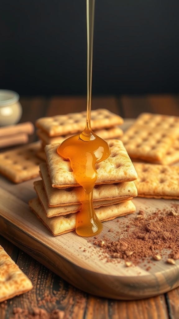 A stack of honey drizzled graham crackers on a wooden board, with cocoa powder sprinkled nearby.