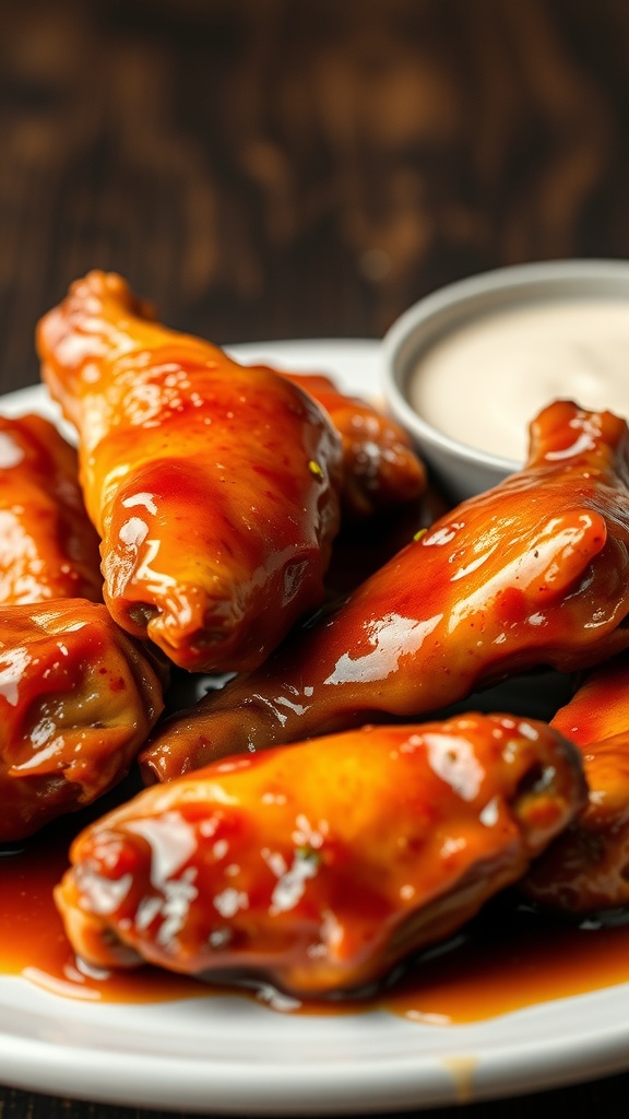 Plate of honey soy chicken wings with a dipping sauce.