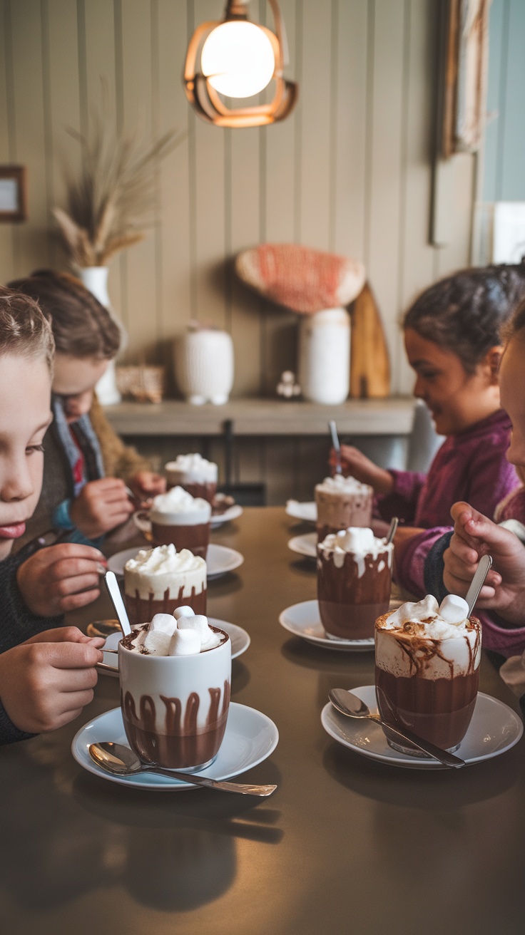 Children enjoying a hot cocoa taste test with various toppings